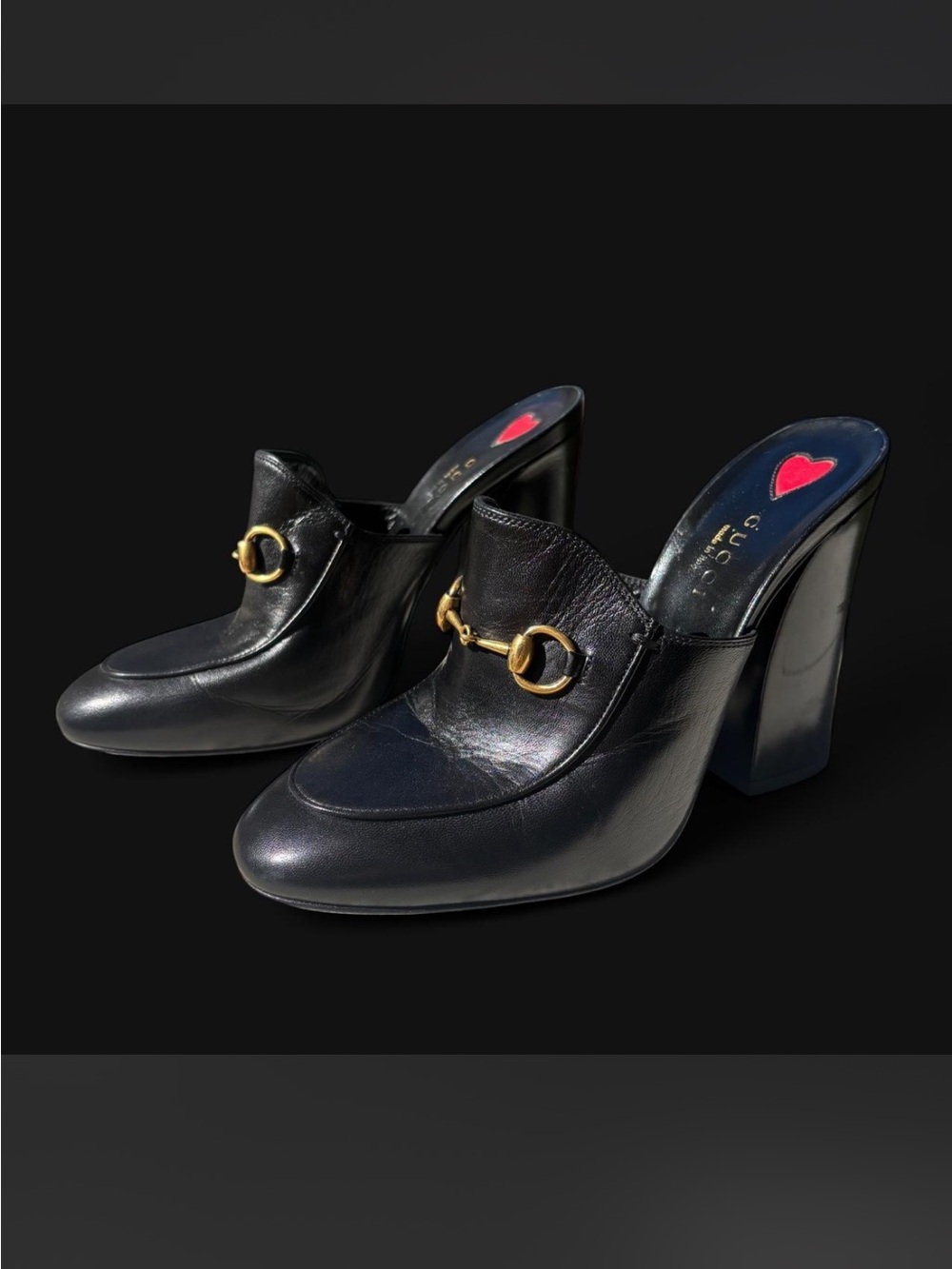 Black Leather Horsebit Mule Heels